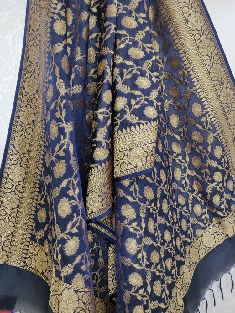 Blue Banarasi Silk Dupatta - Luxurion World
