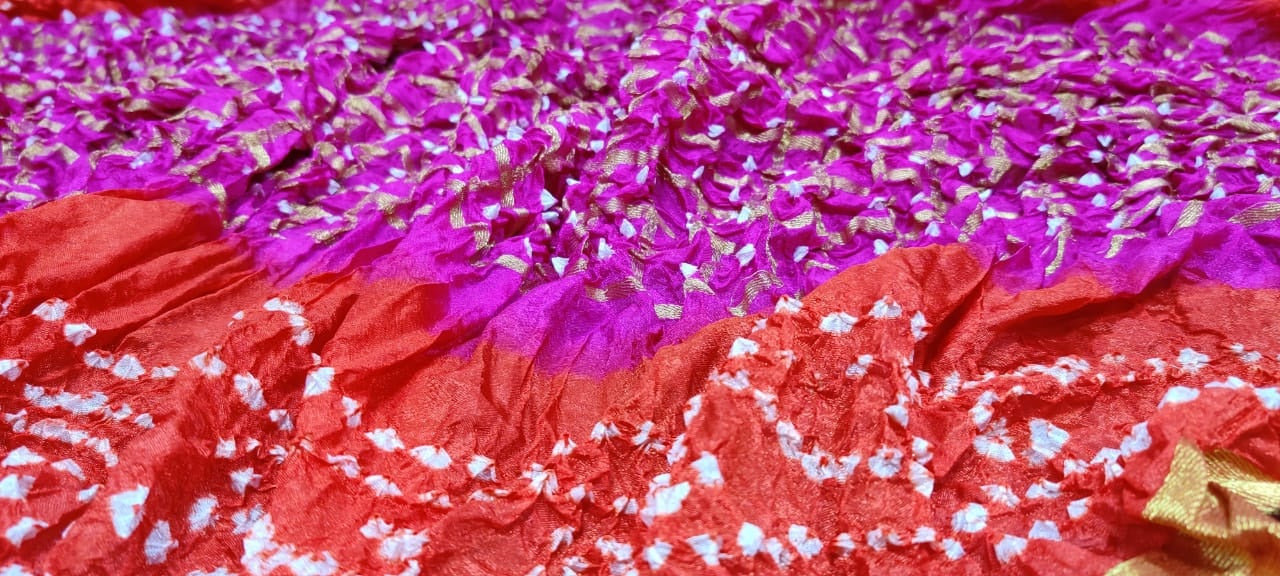 Pink And Red Checks Bandhani Silk Dupatta - Luxurion World