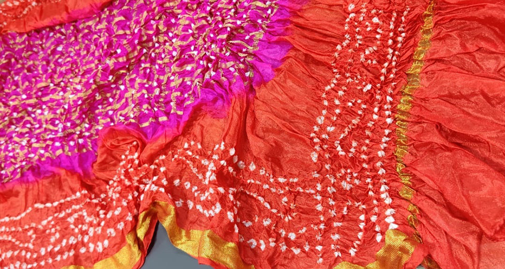 Pink And Red Checks Bandhani Silk Dupatta