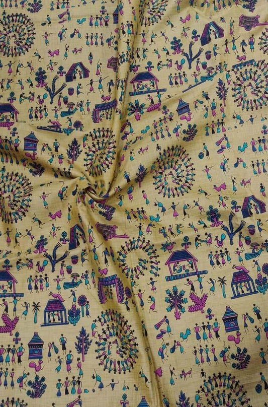 Yellow Block Printed Warli Folk Printed Cotton Jute Fabric ( 1 Mtr ) - Luxurion World