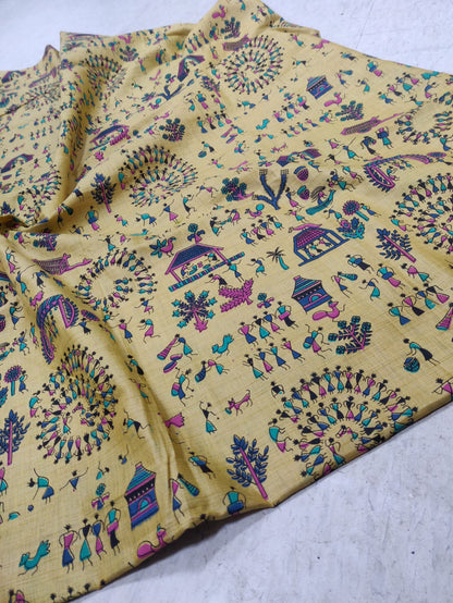 Yellow Block Printed Warli Folk Printed Cotton Jute Fabric ( 1 Mtr ) - Luxurion World