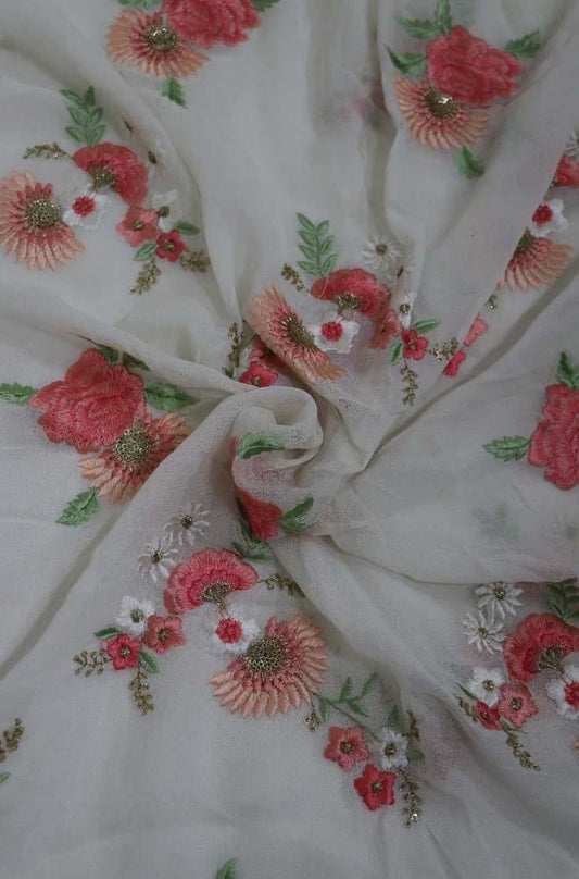 Off White Embroidered Trendy Fabric ( 1 Mtr ) - Luxurion World