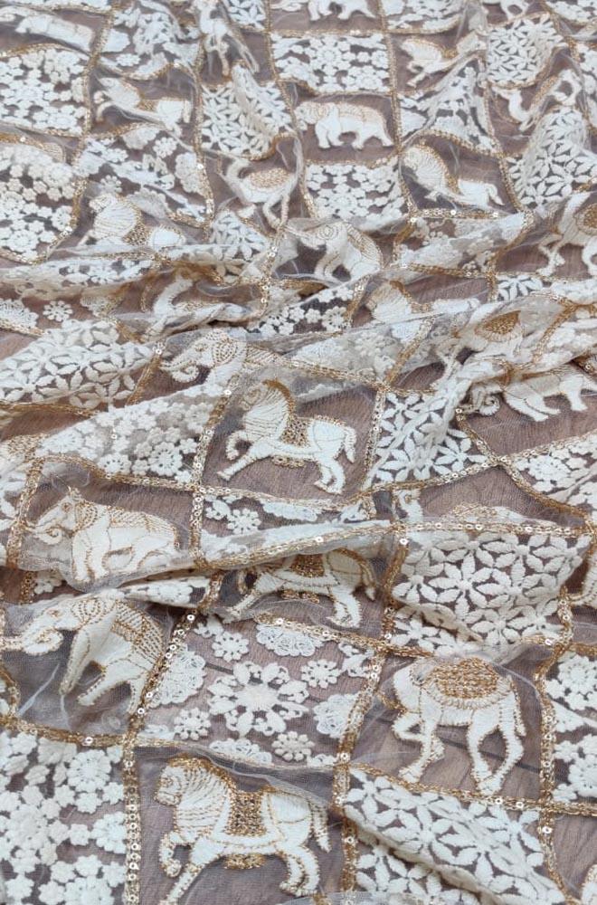 Dyeable Sequence Work Trendy Net Embroidered Fabric (1 mtr) - Luxurion World
