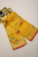 Yellow Handloom Banarasi Dupion Silk Lotus Design Meenakari Saree - Luxurion World