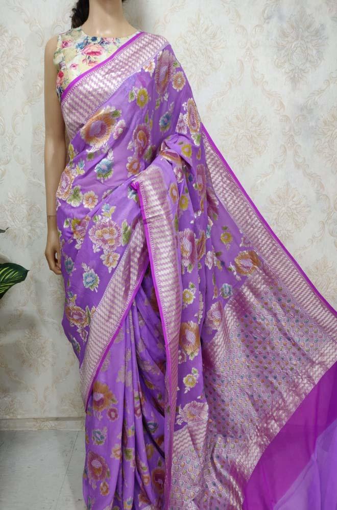Purple Handloom Banarasi Pure Georgette Brush Dye Saree - Luxurion World