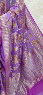 Purple Handloom Banarasi Pure Georgette Brush Dye Saree - Luxurion World