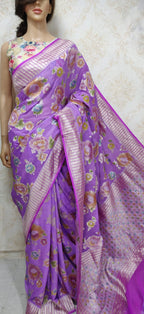 Purple Handloom Banarasi Pure Georgette Brush Dye Saree - Luxurion World