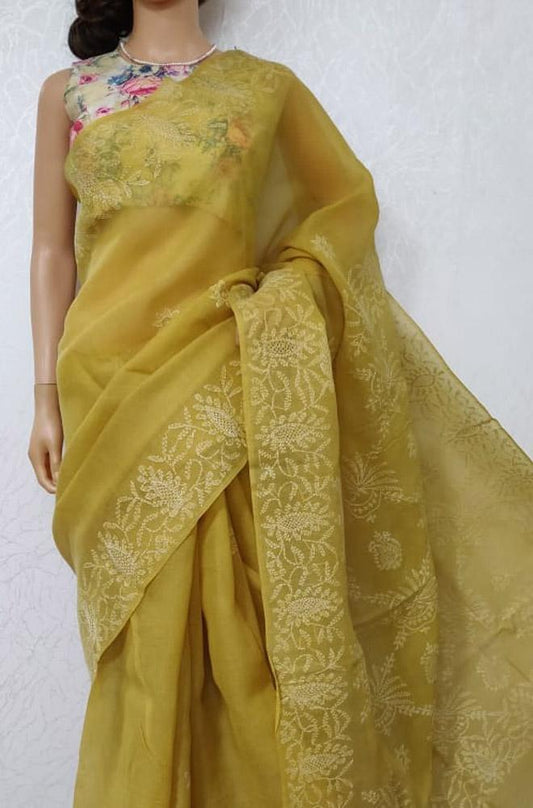 Yellow Hand Embroidered Chikankari Cotton Saree - Luxurion World