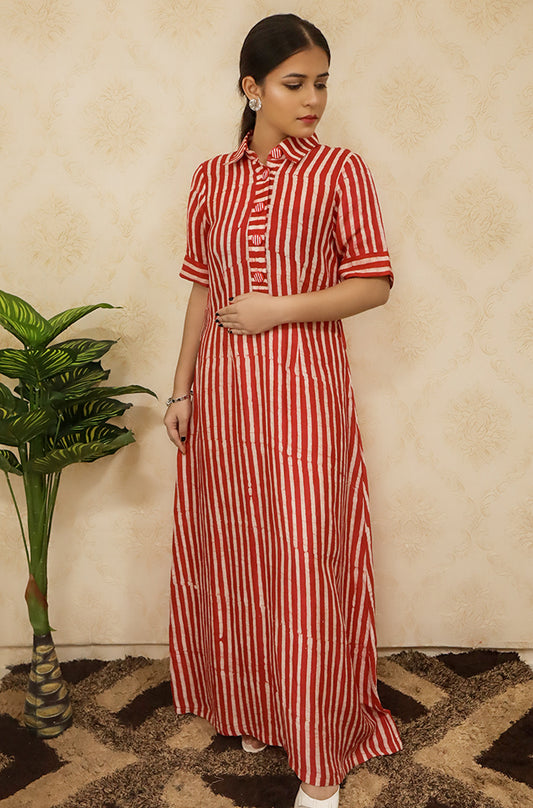 Red and White Batik Silk Maxi Dress - Luxurion World