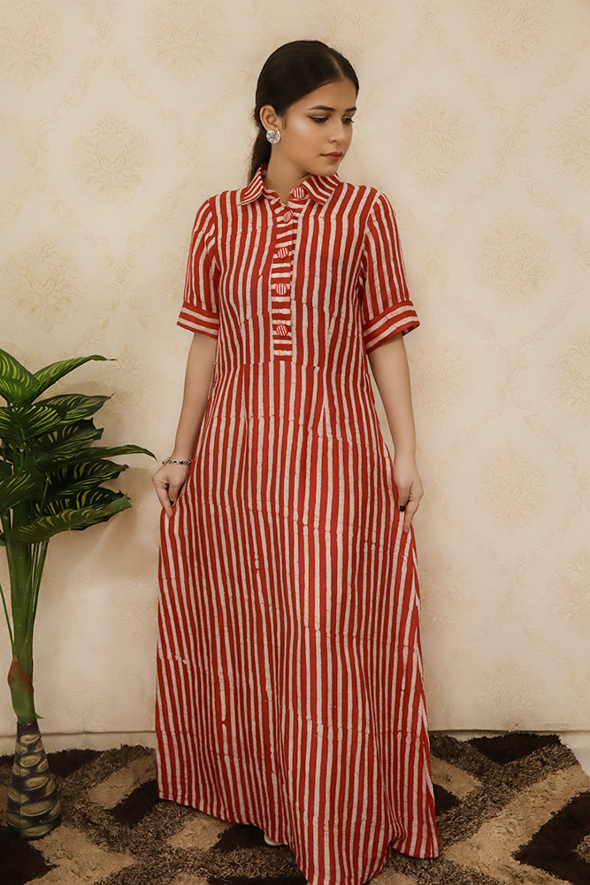 Red and White Batik Silk Maxi Dress - Luxurion World