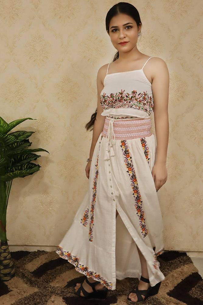 White Embroidered Cotton Trendy Symmetrical Skirt - Luxurion World