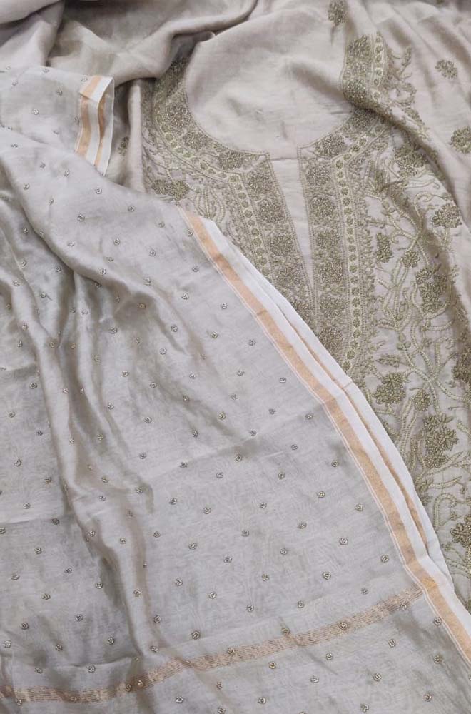 Pastel Embroidered Chikankari Chanderi Silk Two Piece Unstitched Suit Set - Luxurion World