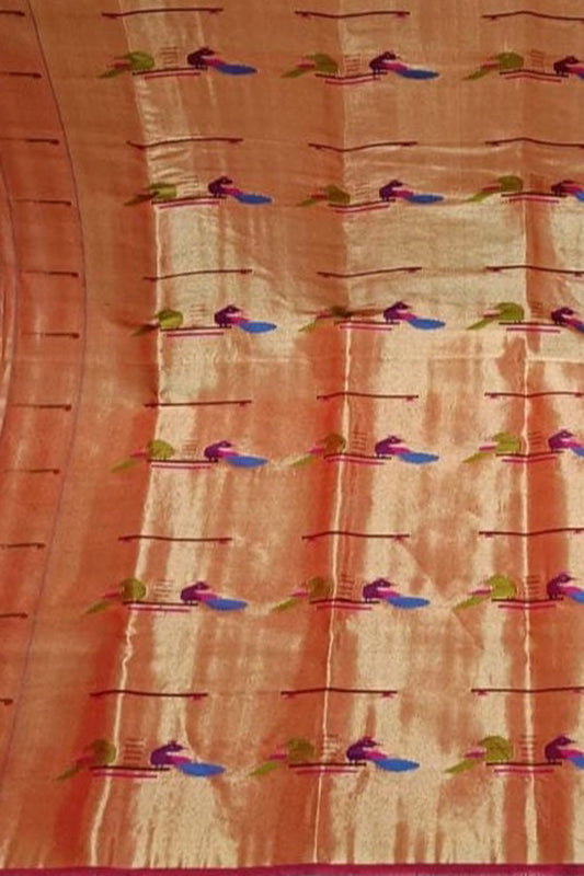 Golden Paithani Handloom Silk Brocade Blouse Fabric - Luxurion World