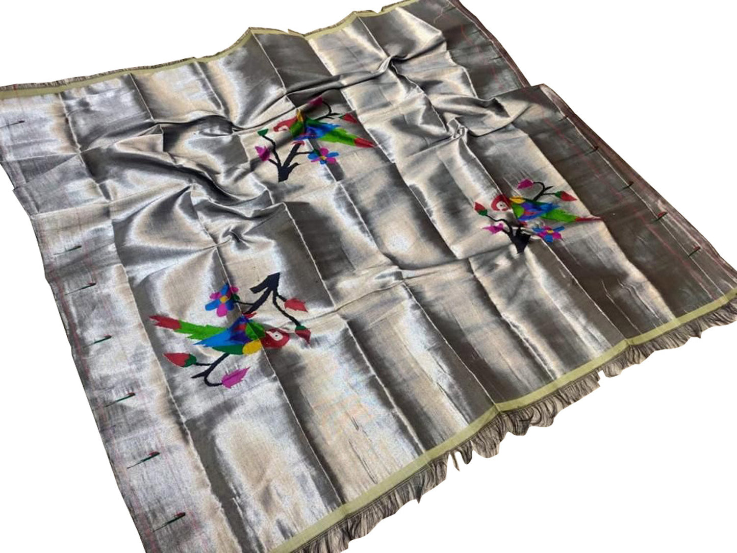 Exquisite Silver Paithani Handloom Silk Brocade Blouse Fabric - Luxurion World