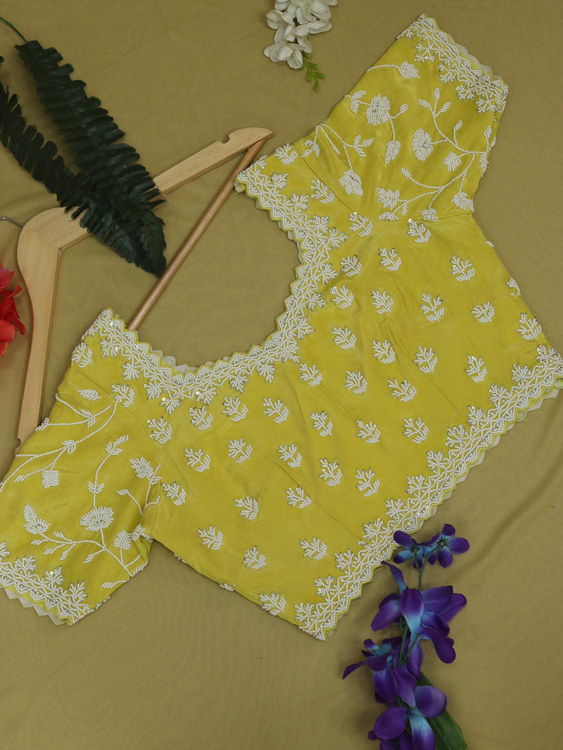 Stylish Yellow Crepe Blouse with Hand Embroidered Beads Work - Luxurion World