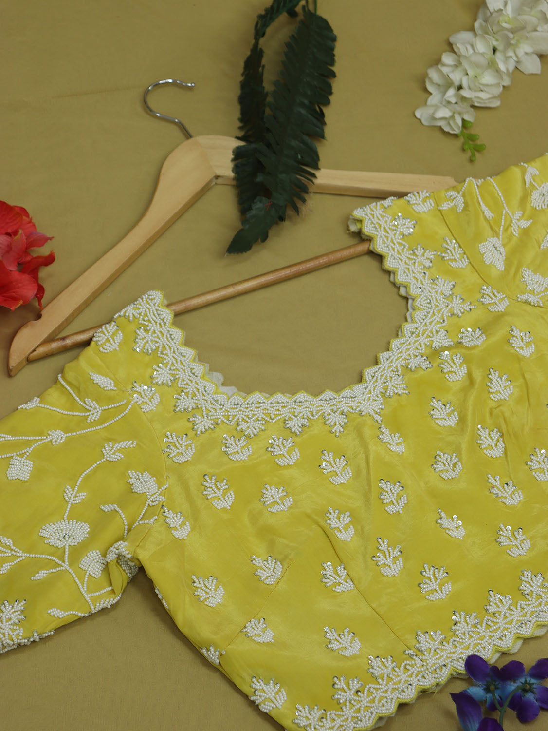 Stylish Yellow Crepe Blouse with Hand Embroidered Beads Work - Luxurion World