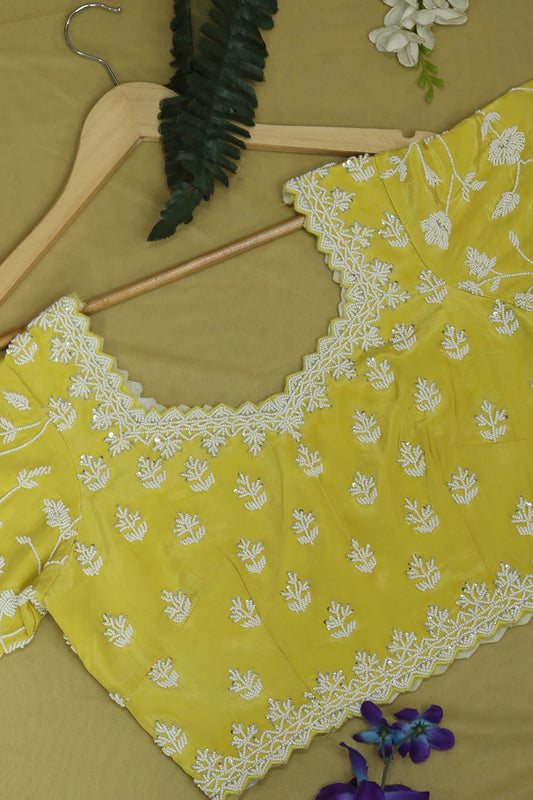 Stylish Yellow Crepe Blouse with Hand Embroidered Beads Work - Luxurion World