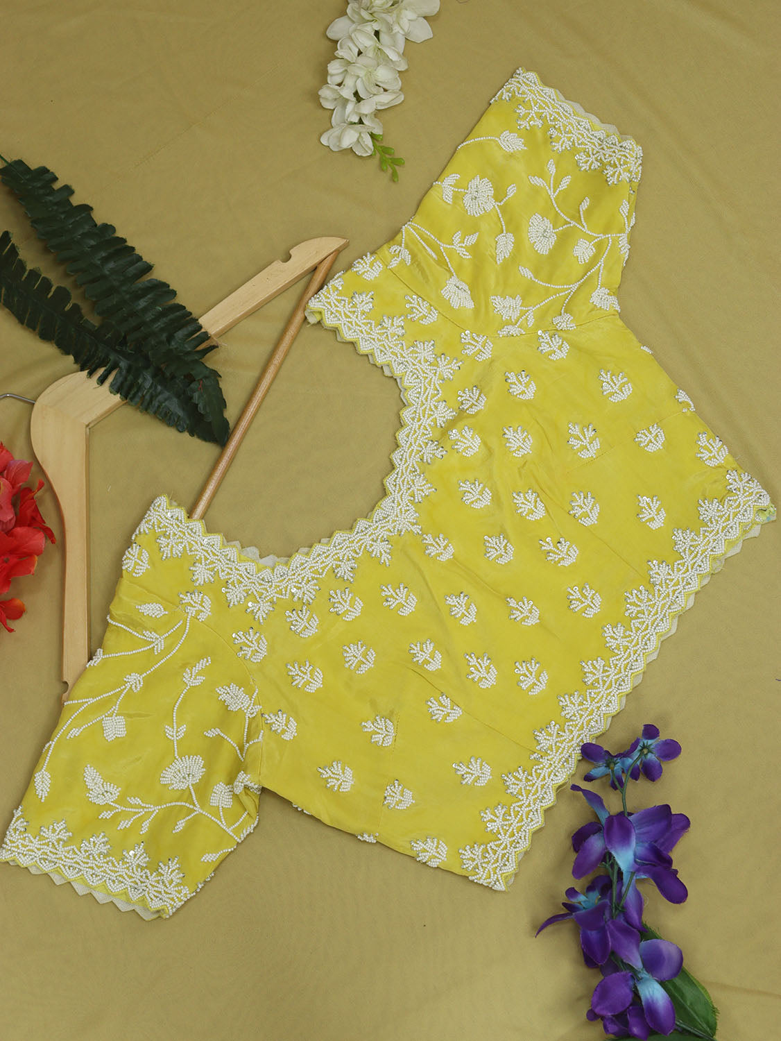 Stylish Yellow Crepe Blouse with Hand Embroidered Beads Work - Luxurion World