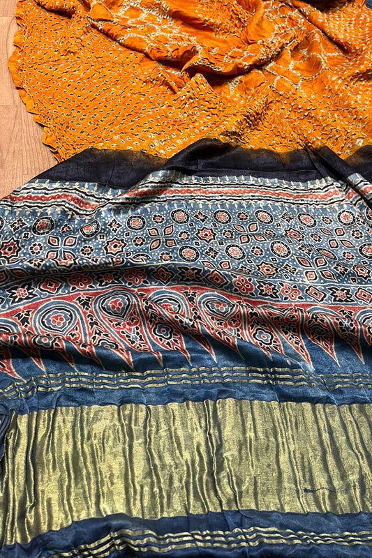 Yellow Gajji Silk Ajrakh Bandhani Dupatta - Luxurion World