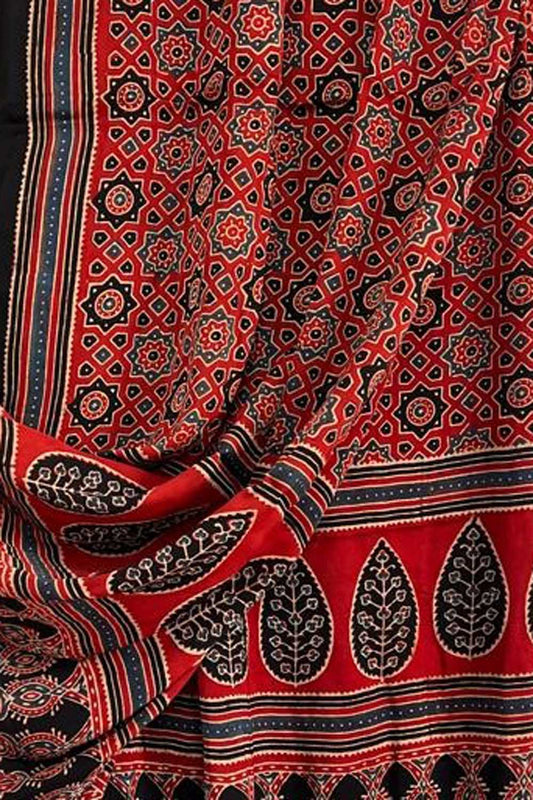 Red Ajarkh Block Printed Modal Silk Tissue Border Dupatta - Luxurion World