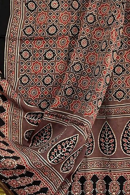 Brown Ajarkh Block Printed Modal Silk Tissue Border Dupatta