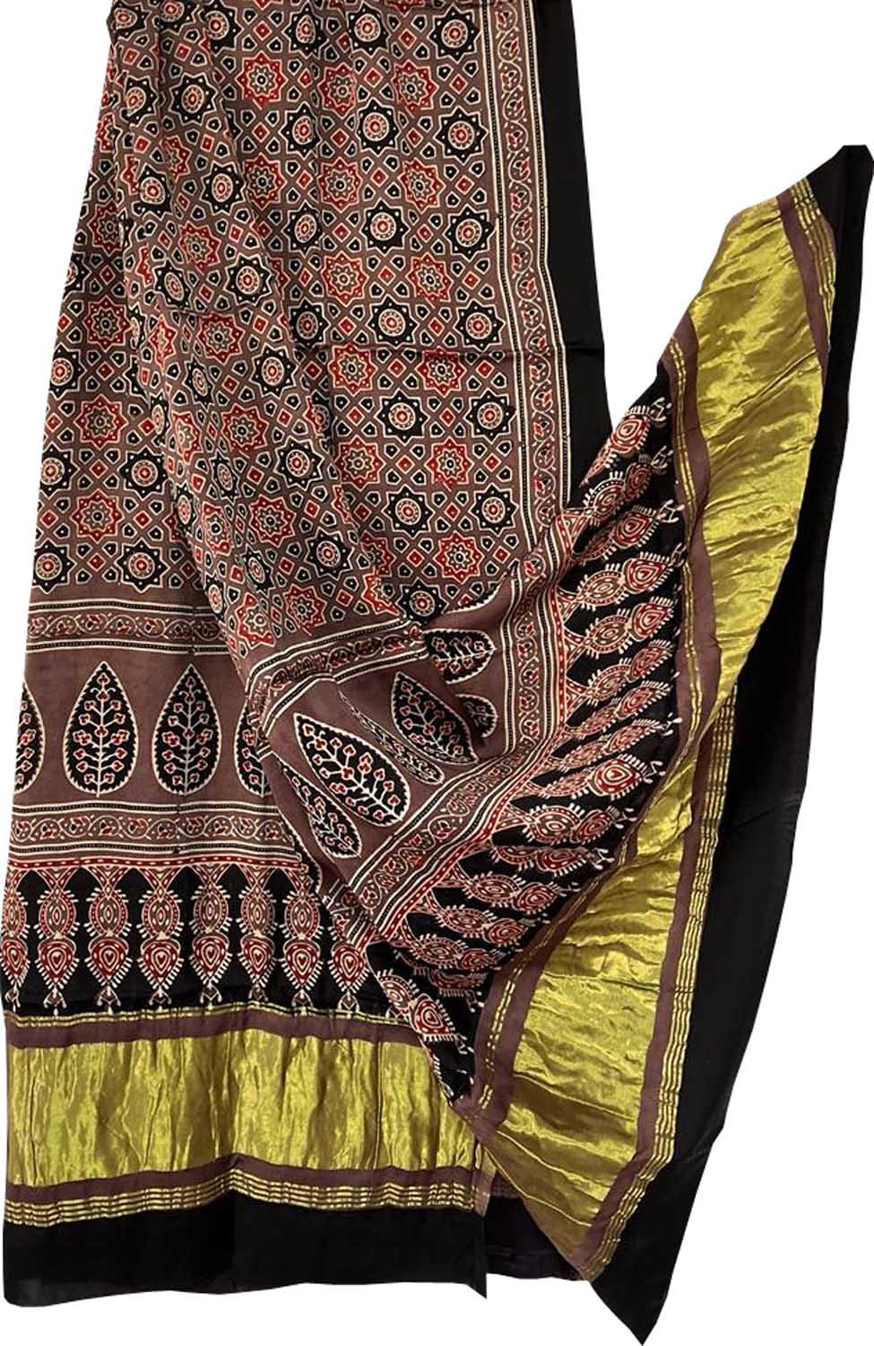 Brown Ajarkh Block Printed Modal Silk Tissue Border Dupatta - Luxurion World