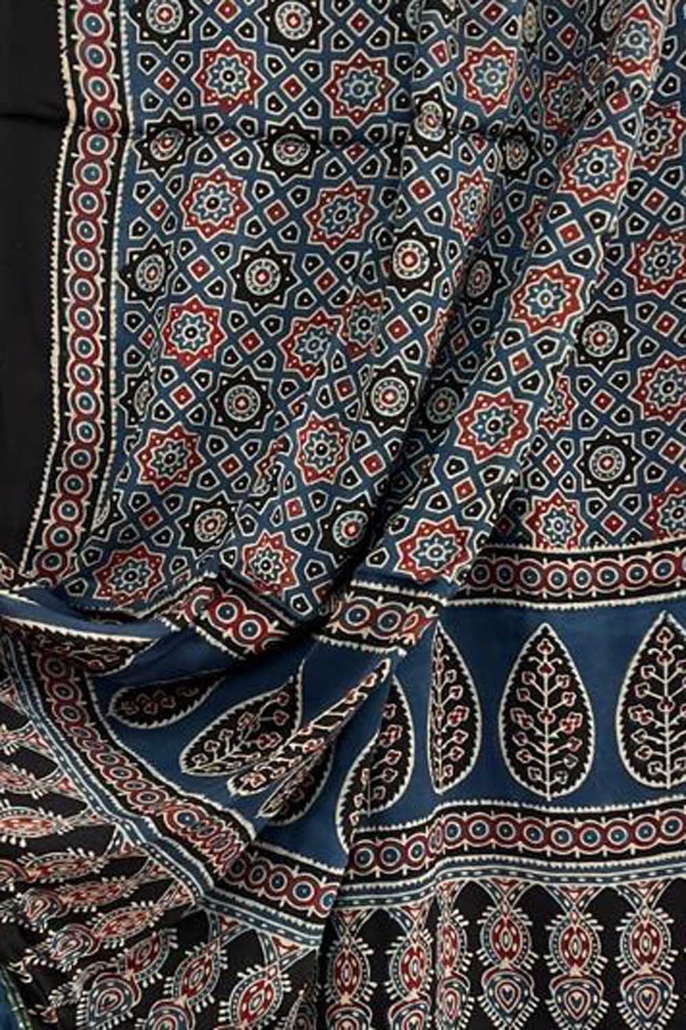 Blue Ajarkh Block Printed Modal Silk Tissue Border Dupatta - Luxurion World