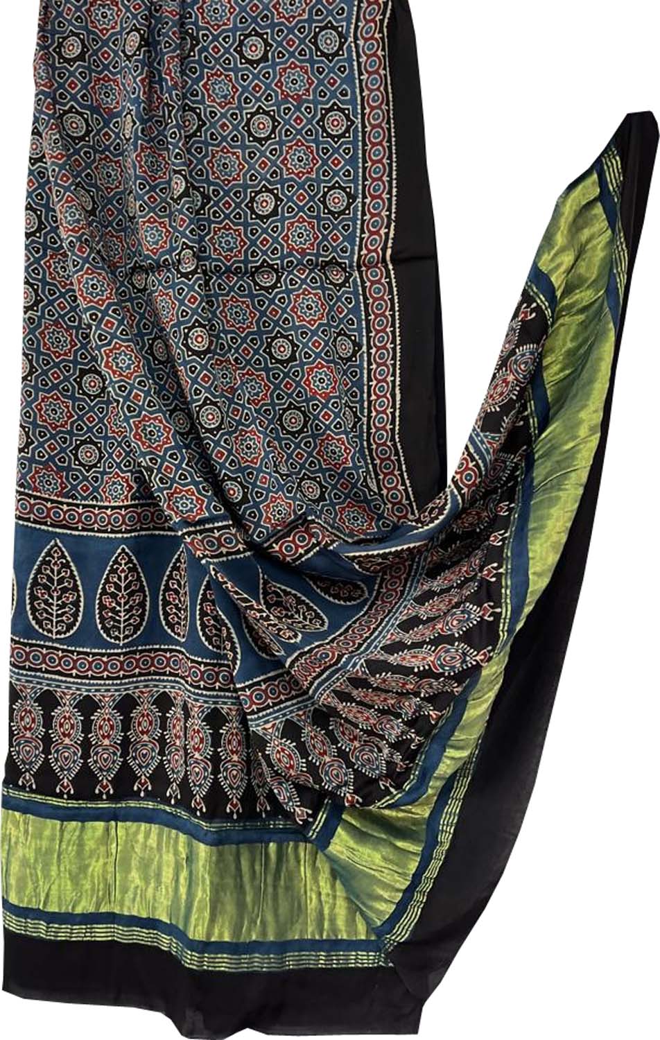 Blue Ajarkh Block Printed Modal Silk Tissue Border Dupatta - Luxurion World
