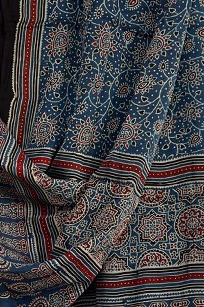 Blue Ajarkh Block Printed Modal Silk Tissue Border Dupatta
