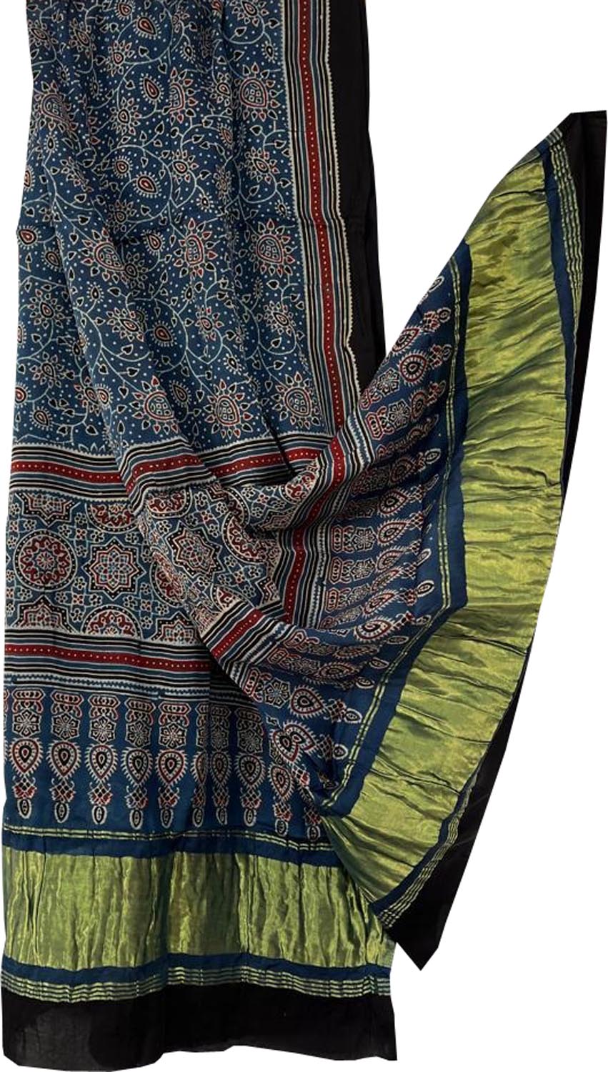 Blue Ajarkh Block Printed Modal Silk Tissue Border Dupatta - Luxurion World