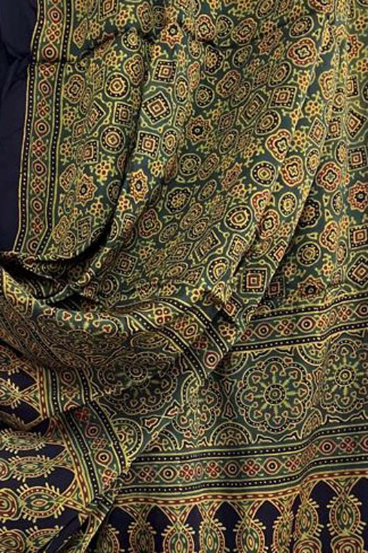 Green Ajarkh Block Printed Modal Silk Tissue Border Dupatta - Luxurion World