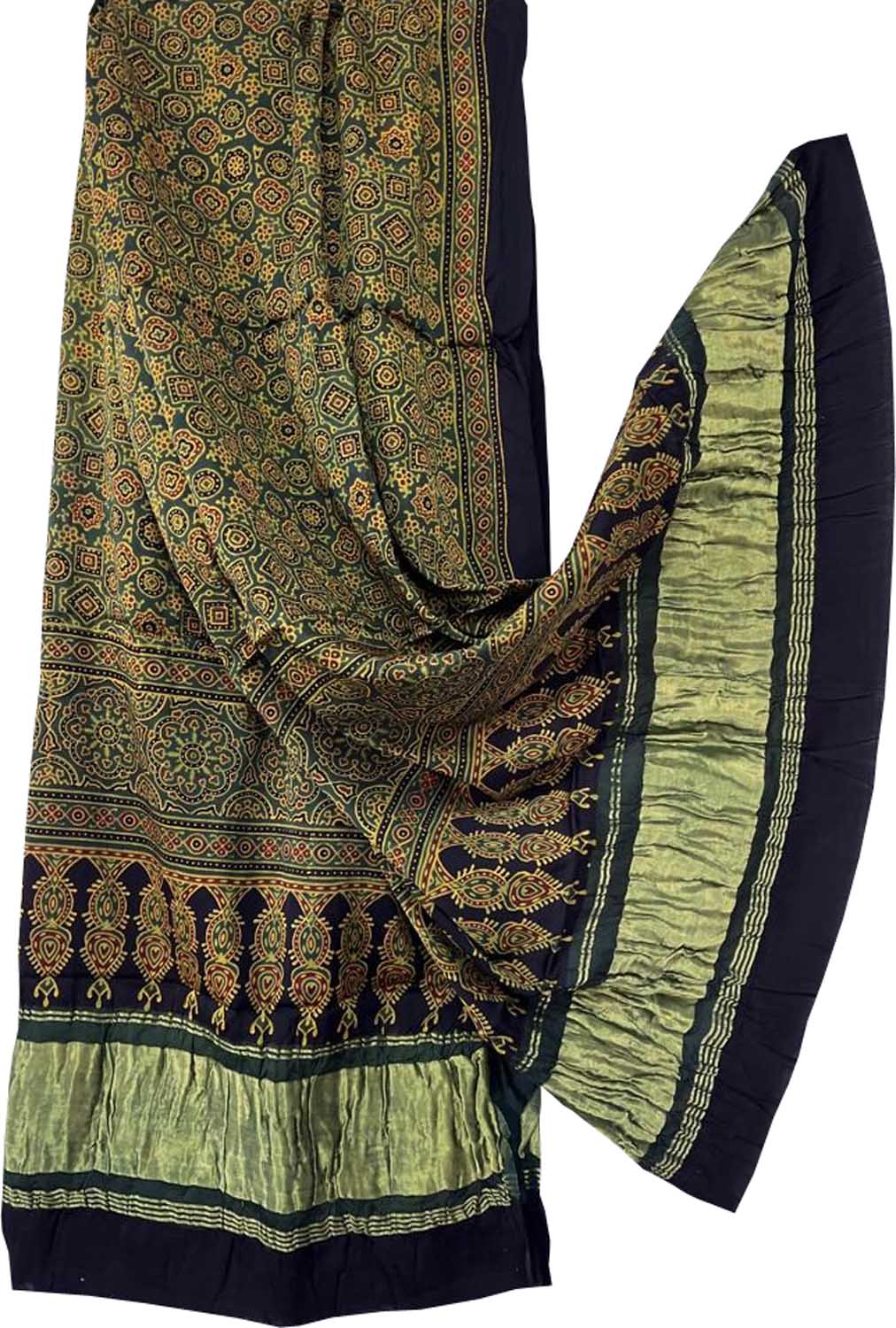 Green Ajarkh Block Printed Modal Silk Tissue Border Dupatta - Luxurion World