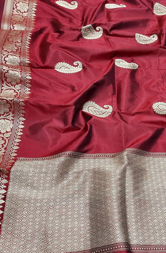 Maroon Handloom Banarasi Pure Silk Dupatta - Luxurion World