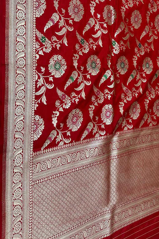 Red Handloom Banarasi Pure Katan Silk Dupatta - Luxurion World