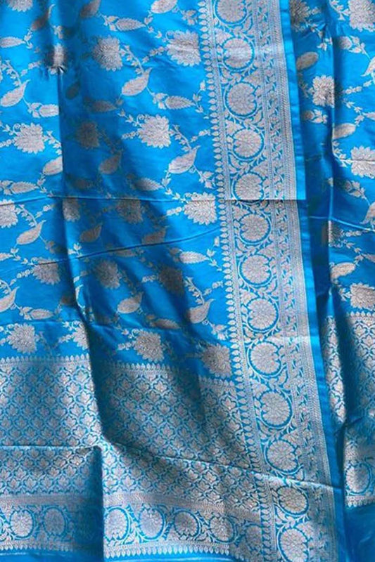 Blue Handloom Banarasi Pure Katan Silk Dupatta - Luxurion World