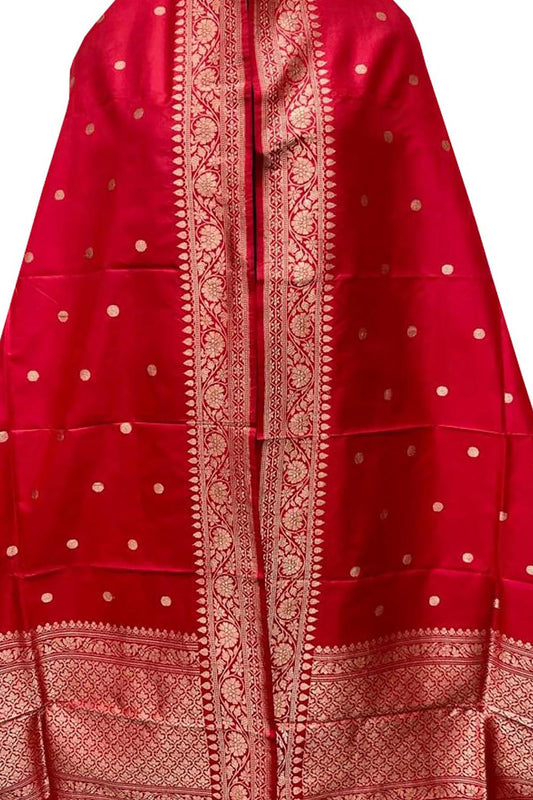 Red Handloom Banarasi Pure Katan Silk Dupatta - Luxurion World