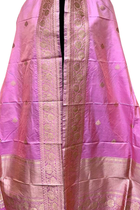 Pink Handloom Banarasi Pure Katan Silk Dupatta - Luxurion World