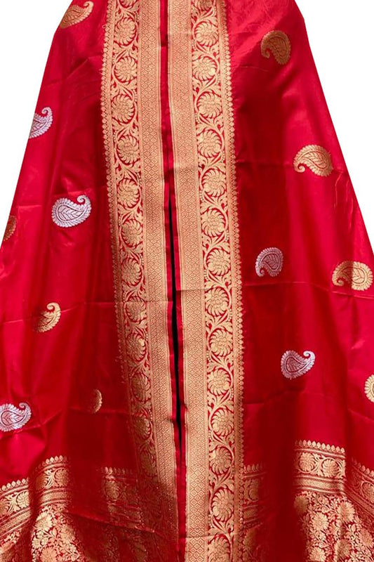 Red Handloom Banarasi Pure Katan Silk Dupatta - Luxurion World