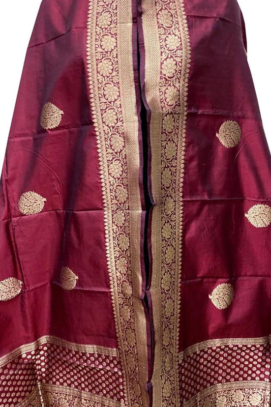 Maroon Handloom Banarasi Pure Katan Silk Dupatta - Luxurion World