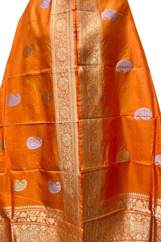 Orange Handloom Banarasi Pure Katan Silk Dupatta - Luxurion World