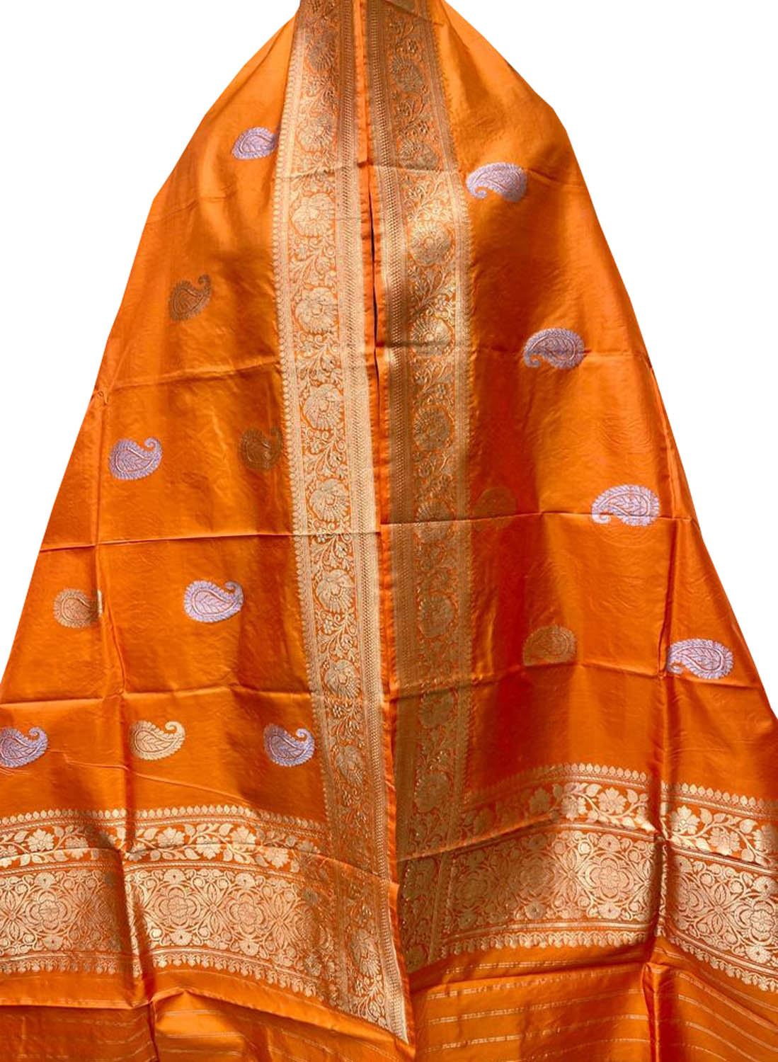 Orange Handloom Banarasi Pure Katan Silk Dupatta - Luxurion World