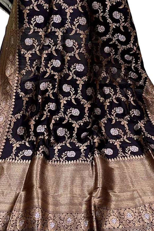 Black Banarasi Handloom Pure Katan Silk Dupatta - Luxurion World