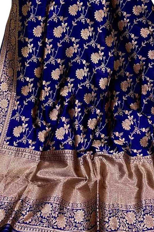 Blue Banarasi Handloom Pure Katan Silk Dupatta - Luxurion World
