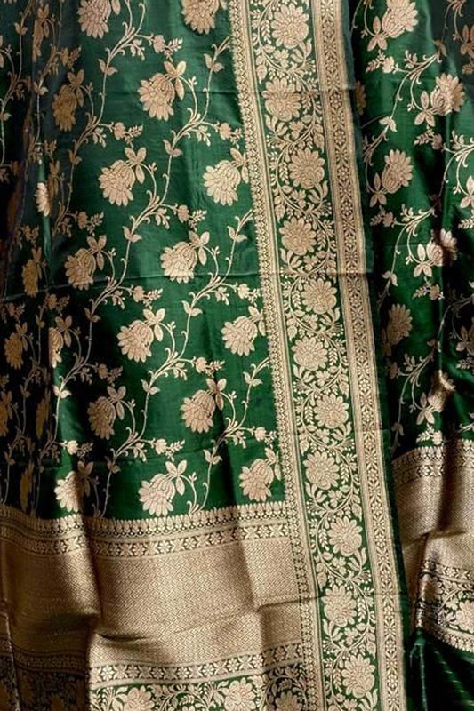 Exquisite Green Banarasi Handloom Pure Katan Silk Dupatta - Luxurion World