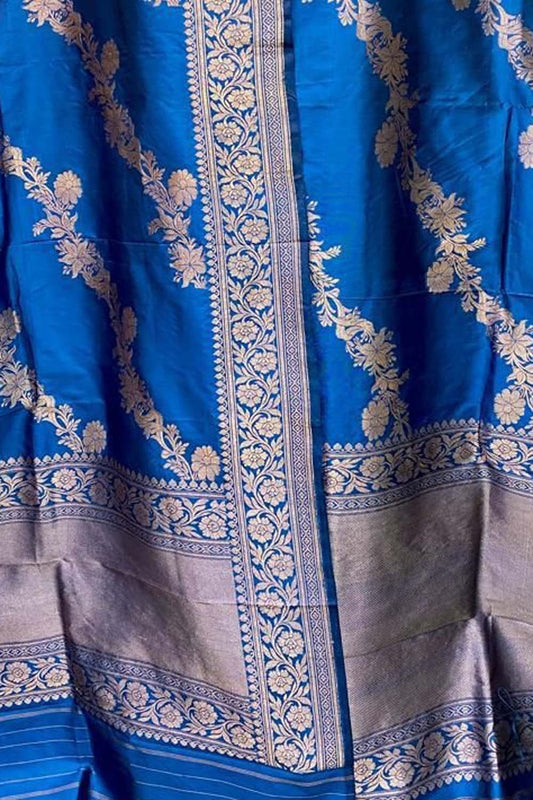 Exquisite Blue Banarasi Handloom Pure Katan Silk Dupatta - Luxurion World
