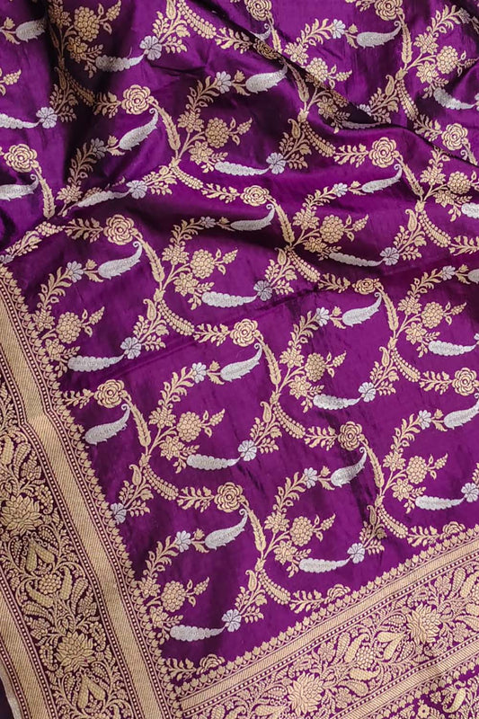 Purple Handloom Banarasi Pure Katan Silk Sona Roopa Dupatta - Luxurion World