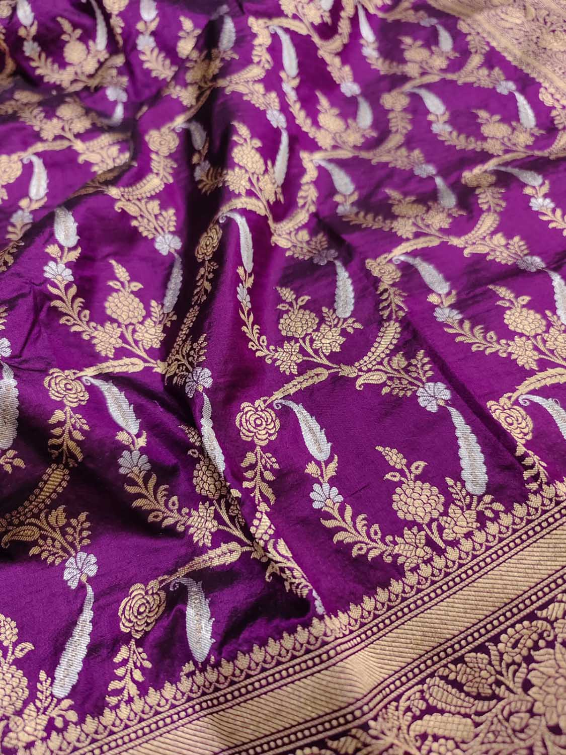 Purple Handloom Banarasi Pure Katan Silk Sona Roopa Dupatta - Luxurion World