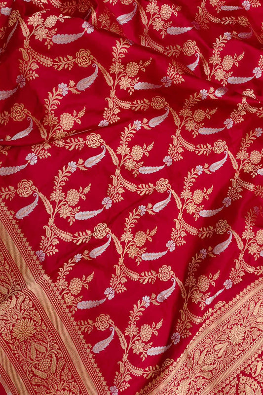 Red Handloom Banarasi Pure Katan Silk Sona Roopa Dupatta - Luxurion World
