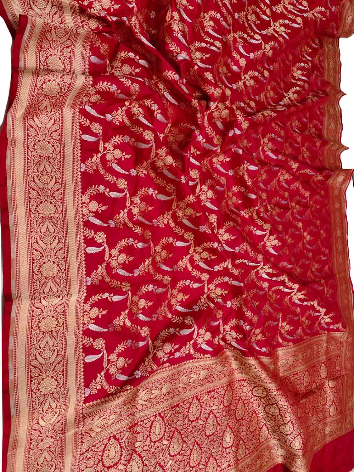 Red Handloom Banarasi Pure Katan Silk Sona Roopa Dupatta - Luxurion World