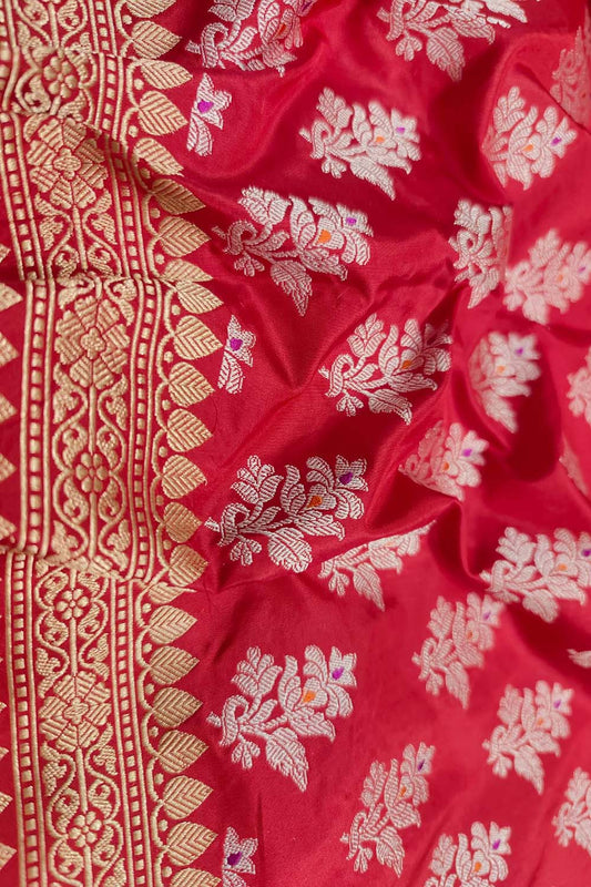 Red Banarasi Handloom Pure Katan Silk Dupatta - Luxurion World